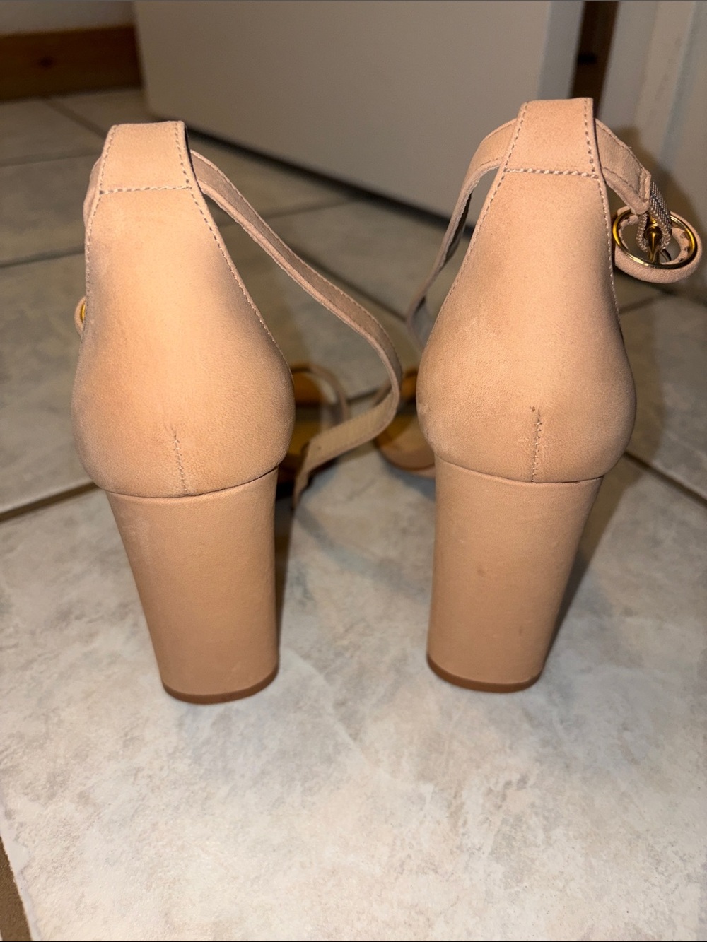 ANTONIO MELANI Blush Nude Open-Toe Ankle Strap Block Heels - Picture 3 of 6